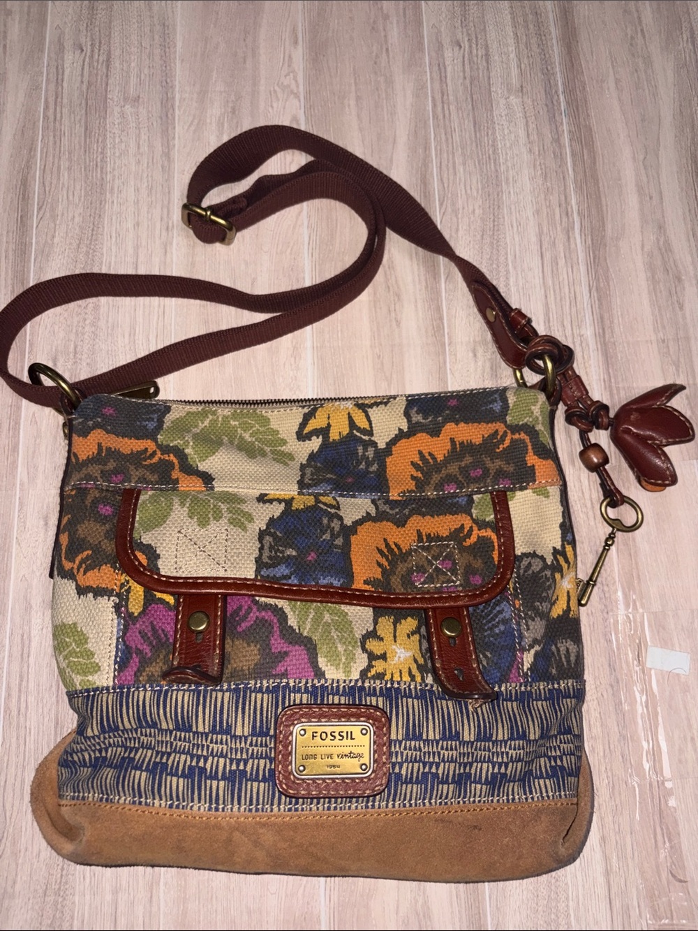 Fossil Floral Canvas Crossbody in Tan, Brown, Olive, Orange, Blue, Purple
